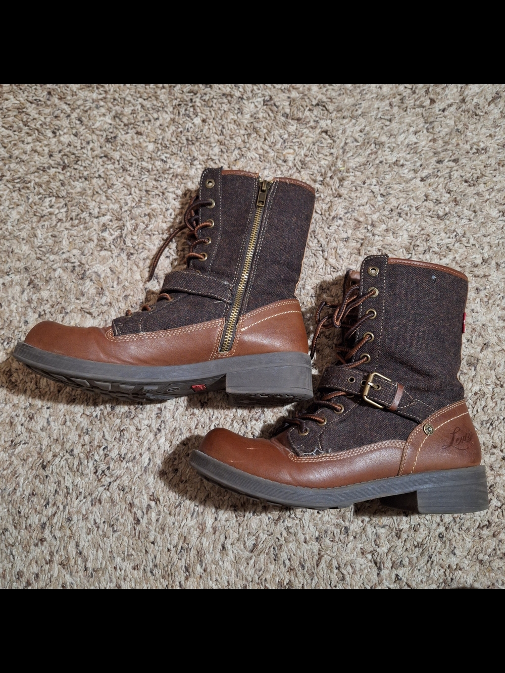 Vintage Levi's Brown Denim & Leather Lace Up Combat Boots Women's 8